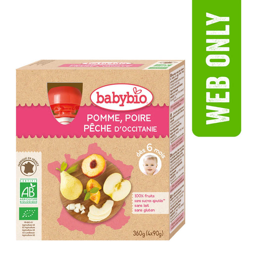 Gourde | Pomme Poire Pêche | 6M | Bio | 13,03 €/kg | 4 x 90 gr
